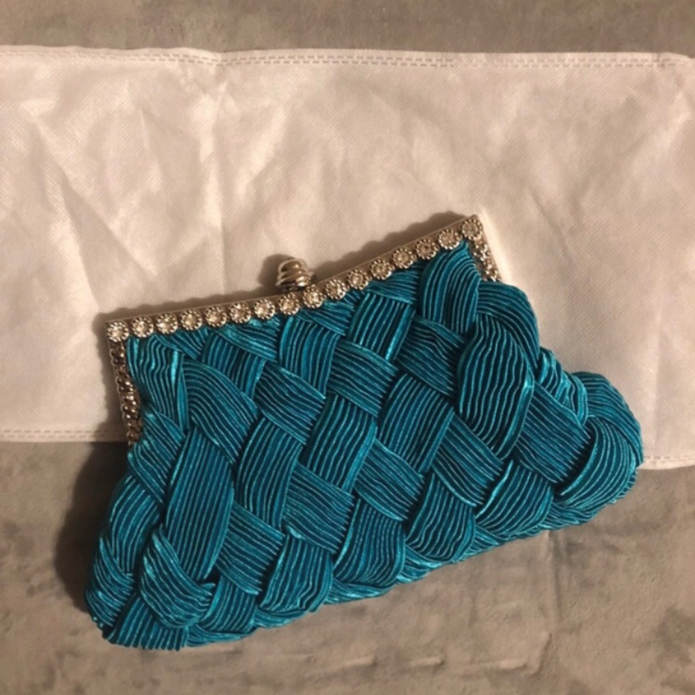 Turquoise & Silver Satin Clutch Crossbody Bag